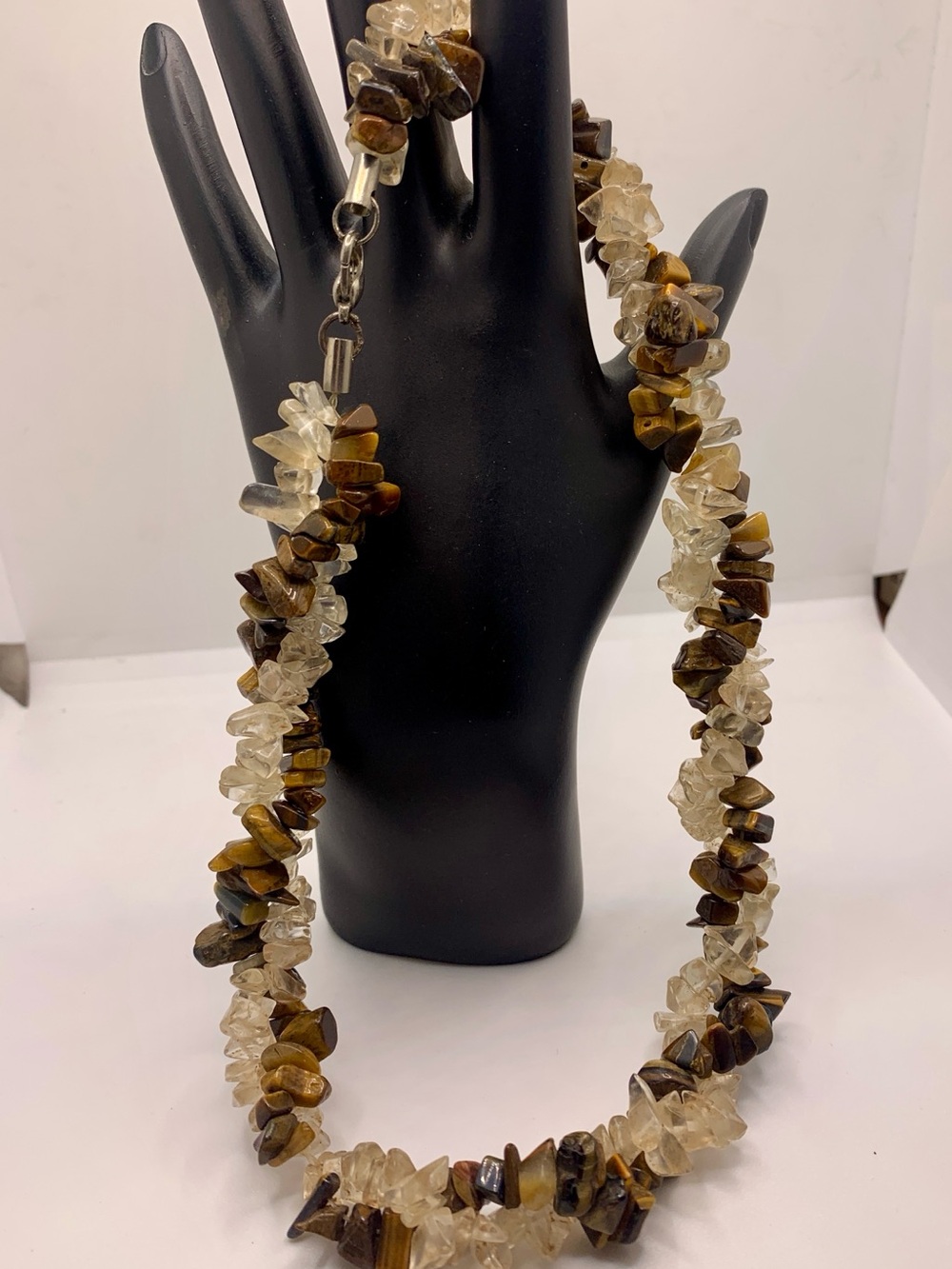 Tiger Eye and Clear Quartz Chip Necklace - Brown and Clear